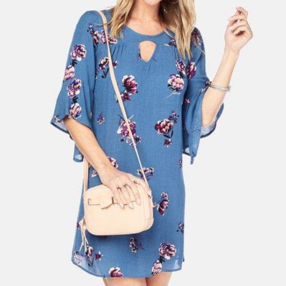 Blue Trapeze Dress with Pink Flowers